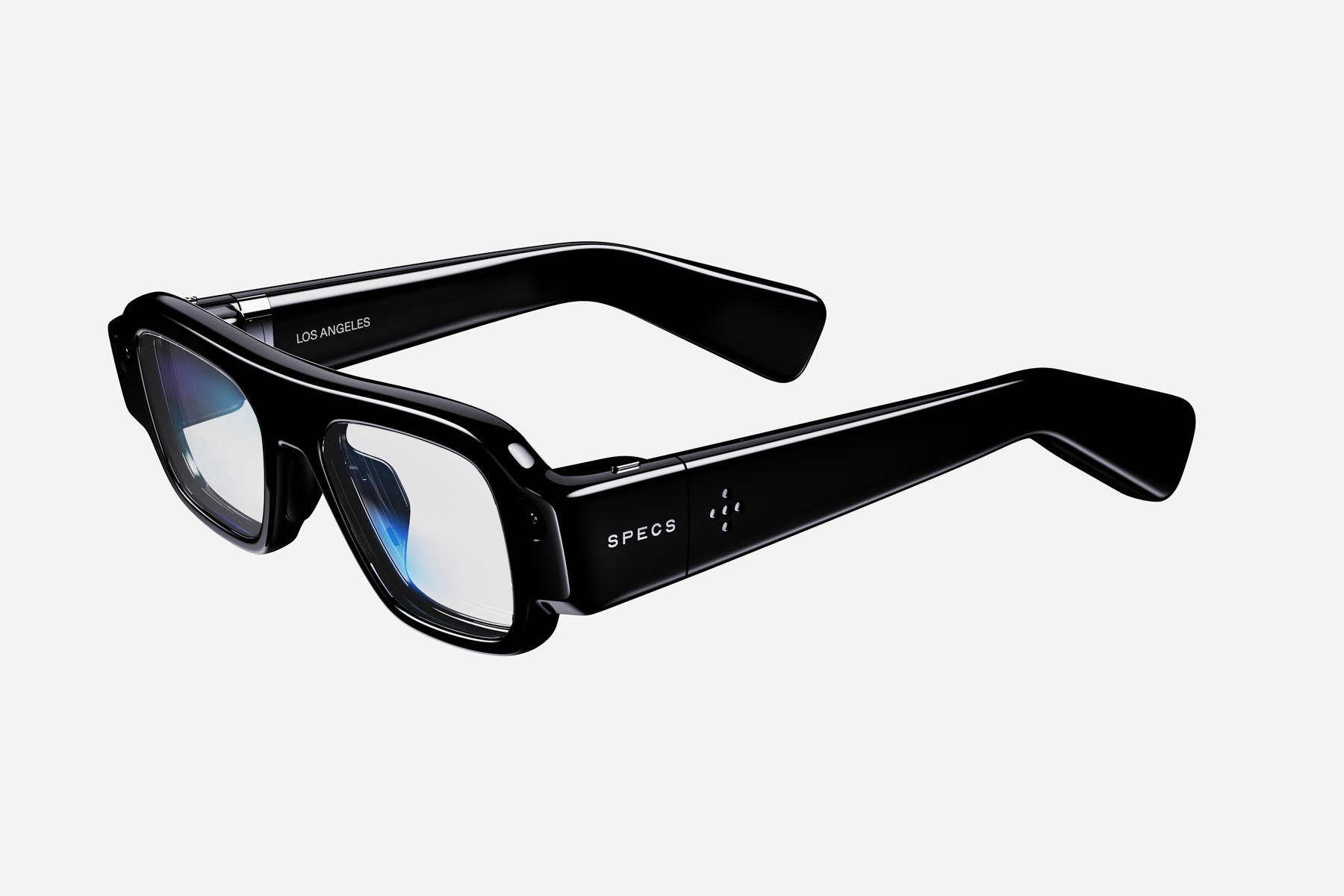Snap SPECS AR smart glasses in black, three-quarter view showing the clear waveguide lenses